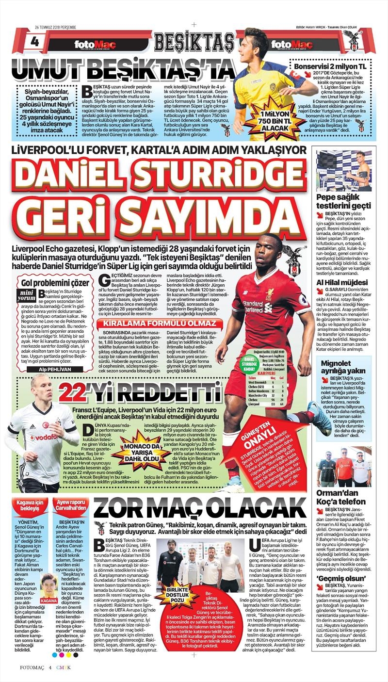 26 Temmuz 2018 | Gazetelerin Beşiktaş Manşetleri - Görsel 10