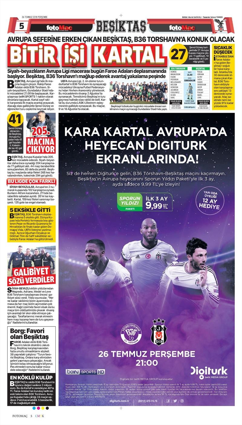26 Temmuz 2018 | Gazetelerin Beşiktaş Manşetleri - Görsel 2