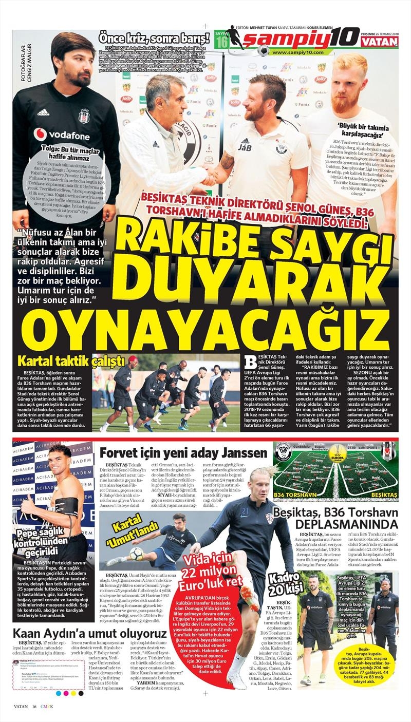26 Temmuz 2018 | Gazetelerin Beşiktaş Manşetleri - Görsel 9