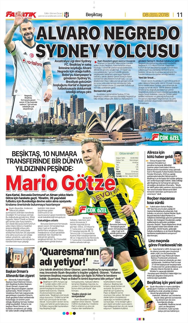 8 Ağustos 2018 | Gazetelerin Beşiktaş Manşetleri - Görsel 1