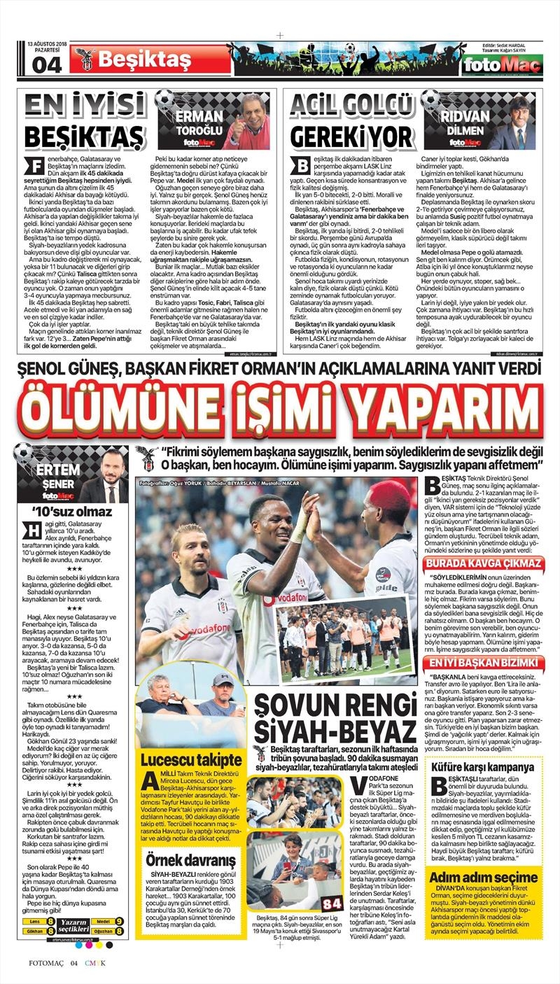 13 Ağustos 2018 | Gazetelerin Beşiktaş Manşetleri - Görsel 14