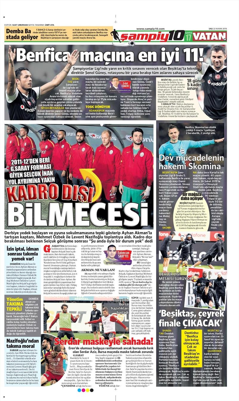 22 Kasım 2016 | Gazetelerin Beşiktaş sayfaları - Görsel 1