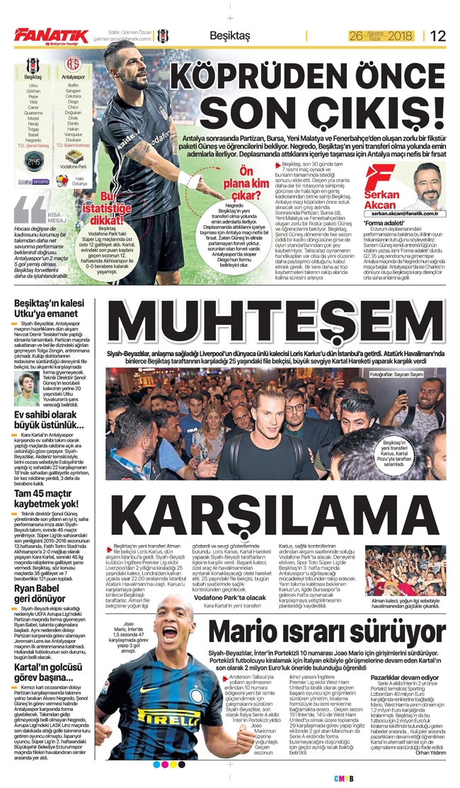 26 Ağustos 2018 | Gazetelerin Beşiktaş Manşetleri - Görsel 1