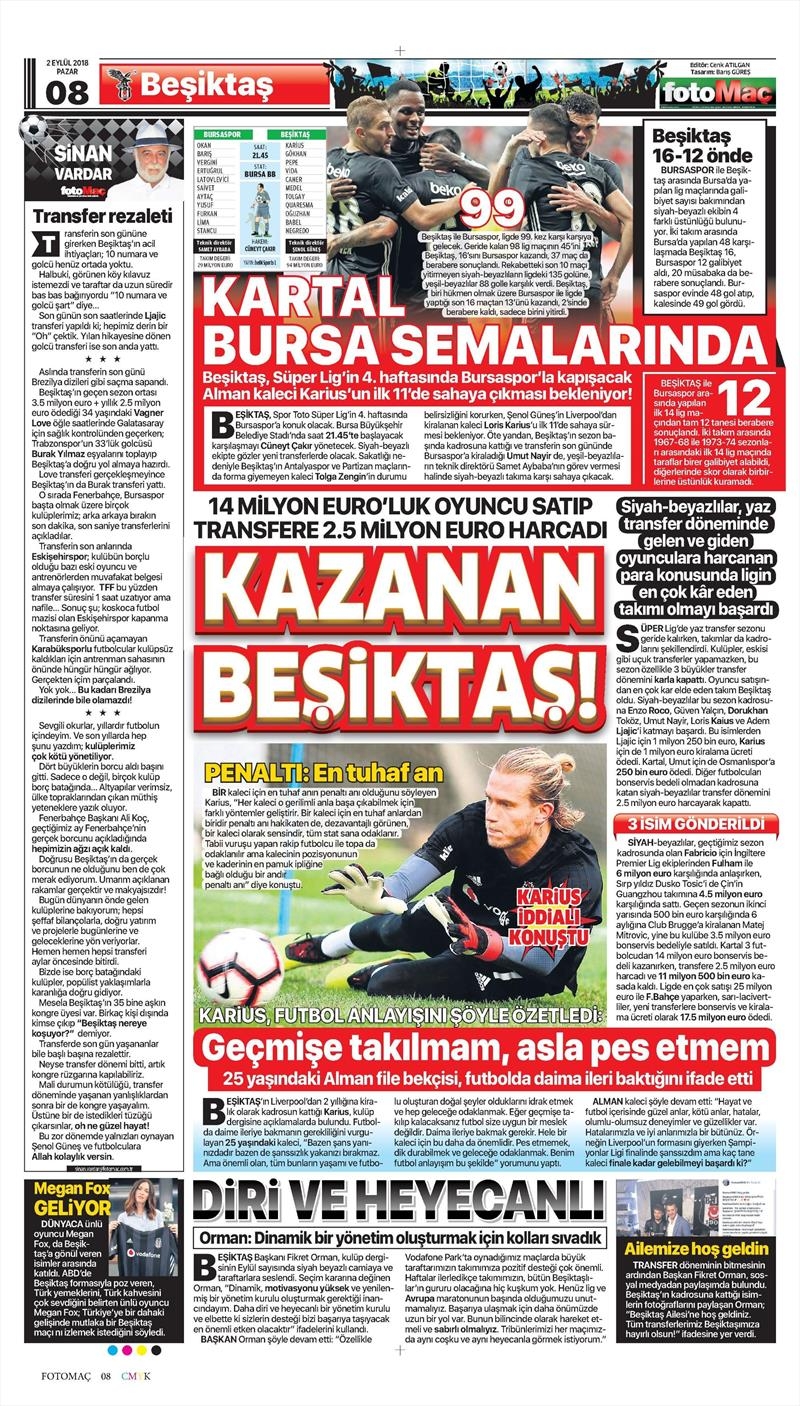 2 Eylül 2018 | Gazetelerin Beşiktaş Manşetleri - Görsel 8