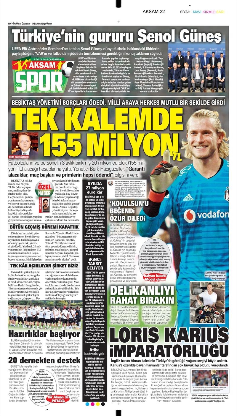 5 Eylül 2018 | Gazetelerin Beşiktaş Manşetleri - Görsel 2