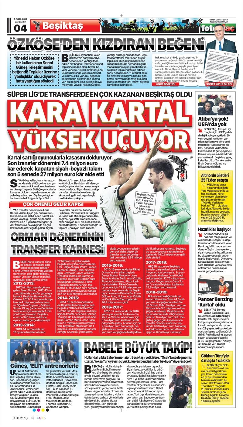 5 Eylül 2018 | Gazetelerin Beşiktaş Manşetleri - Görsel 3