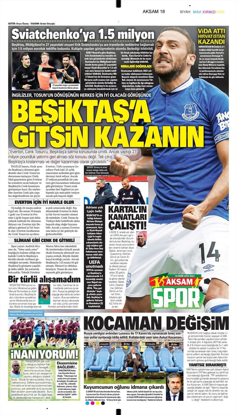16 Ekim 2018 | Gazetelerin Beşiktaş Manşetleri - Görsel 1