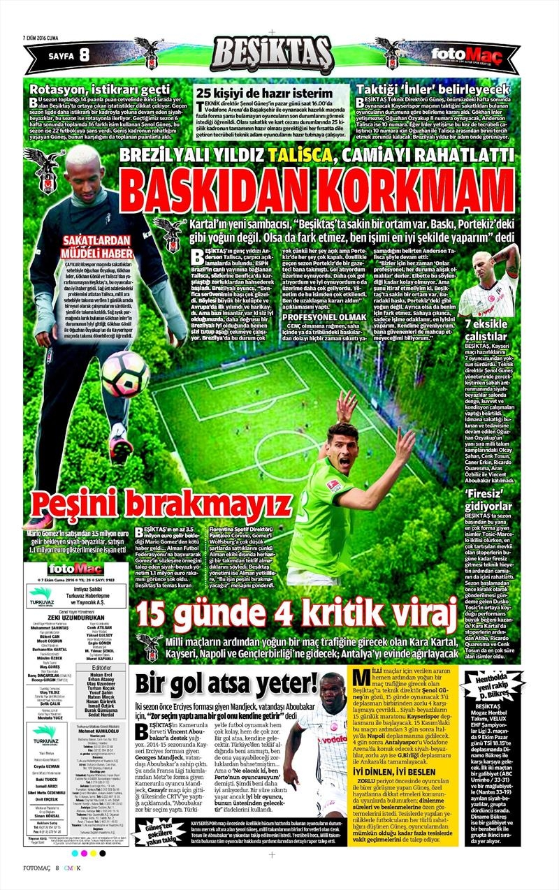 7 Ekim 2016 | Beşiktaş sayfaları - Görsel 4