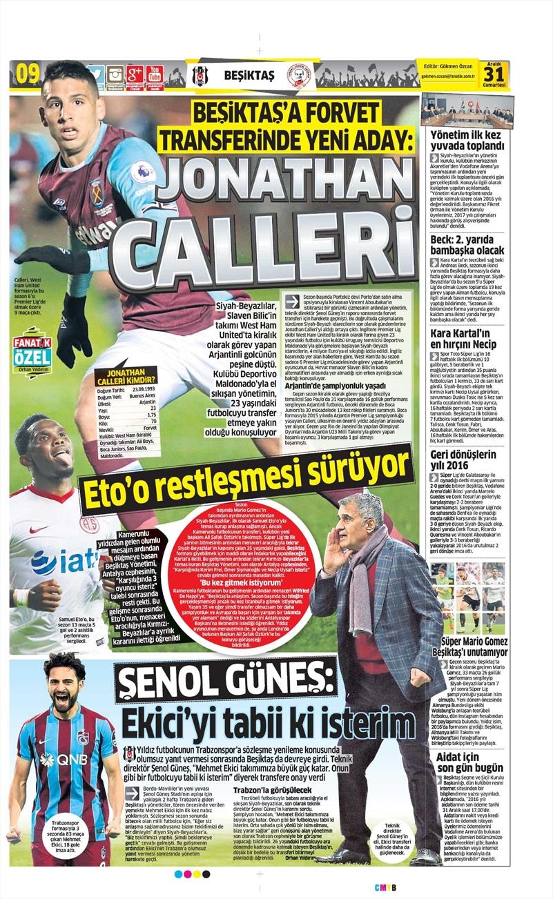 31 Aralık 2016 | İşte gazetelerin Beşiktaş manşetleri - Görsel 1