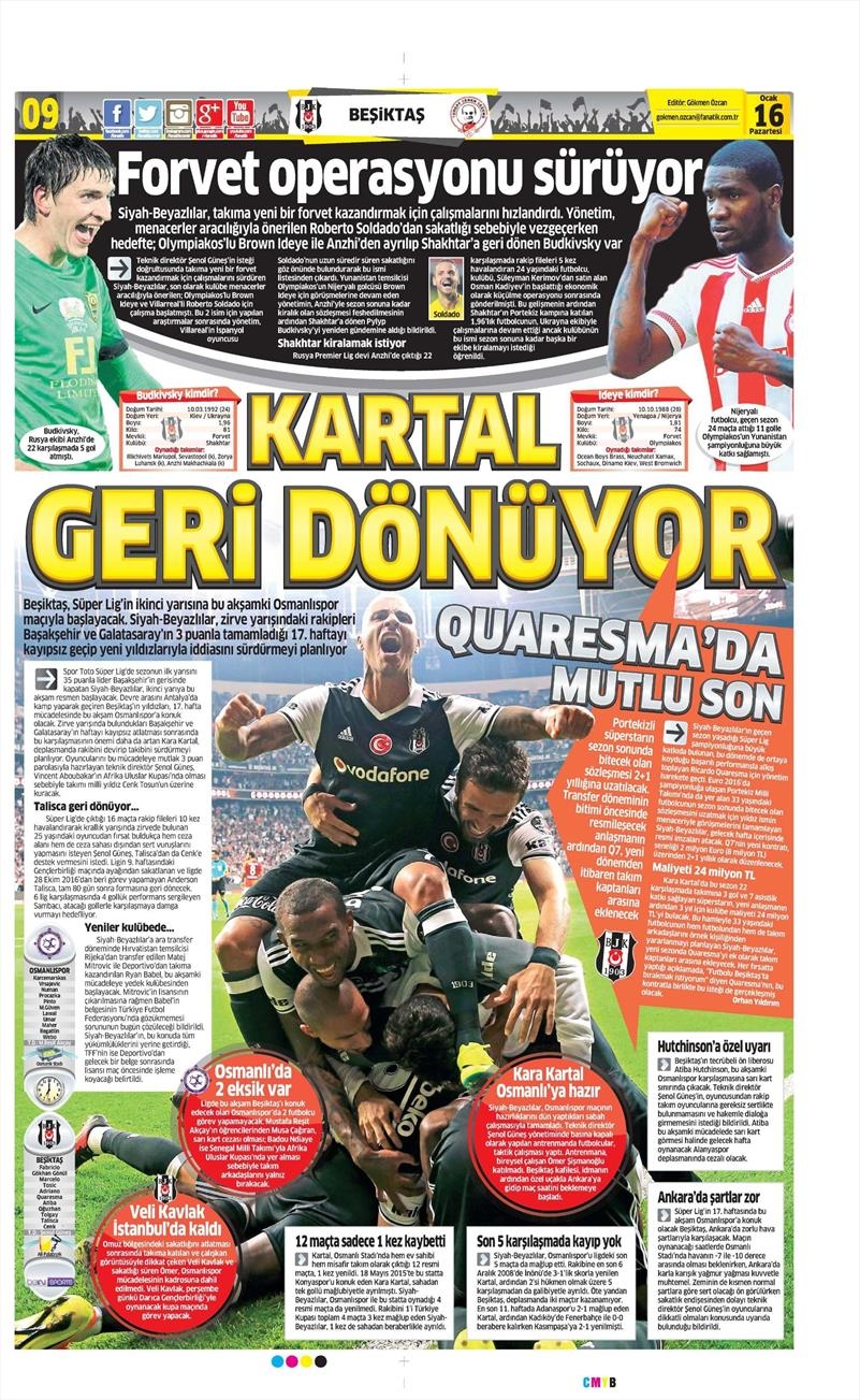 16 Ocak 2017 | İşte gazetelerin Beşiktaş manşetleri - Görsel 1