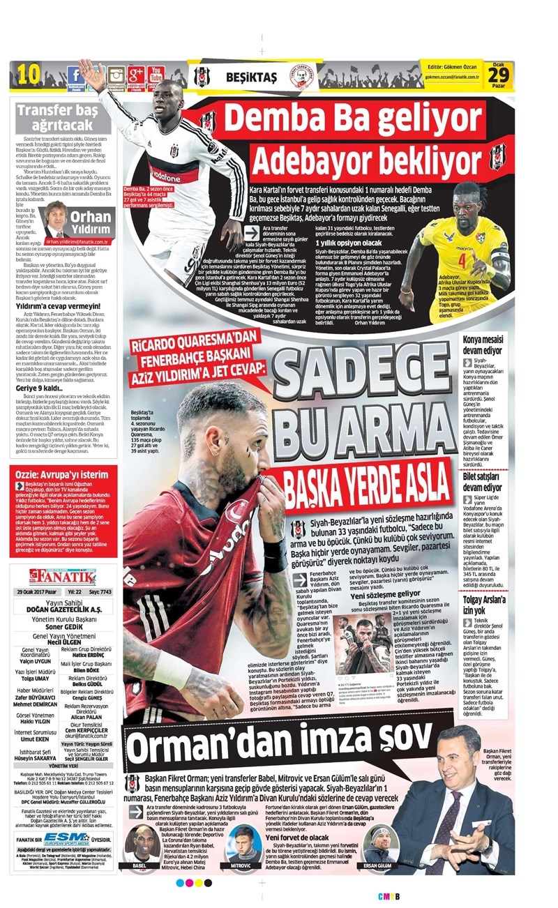 29 Ocak 2017 | Gazetelerin Beşiktaş manşetleri - Görsel 1