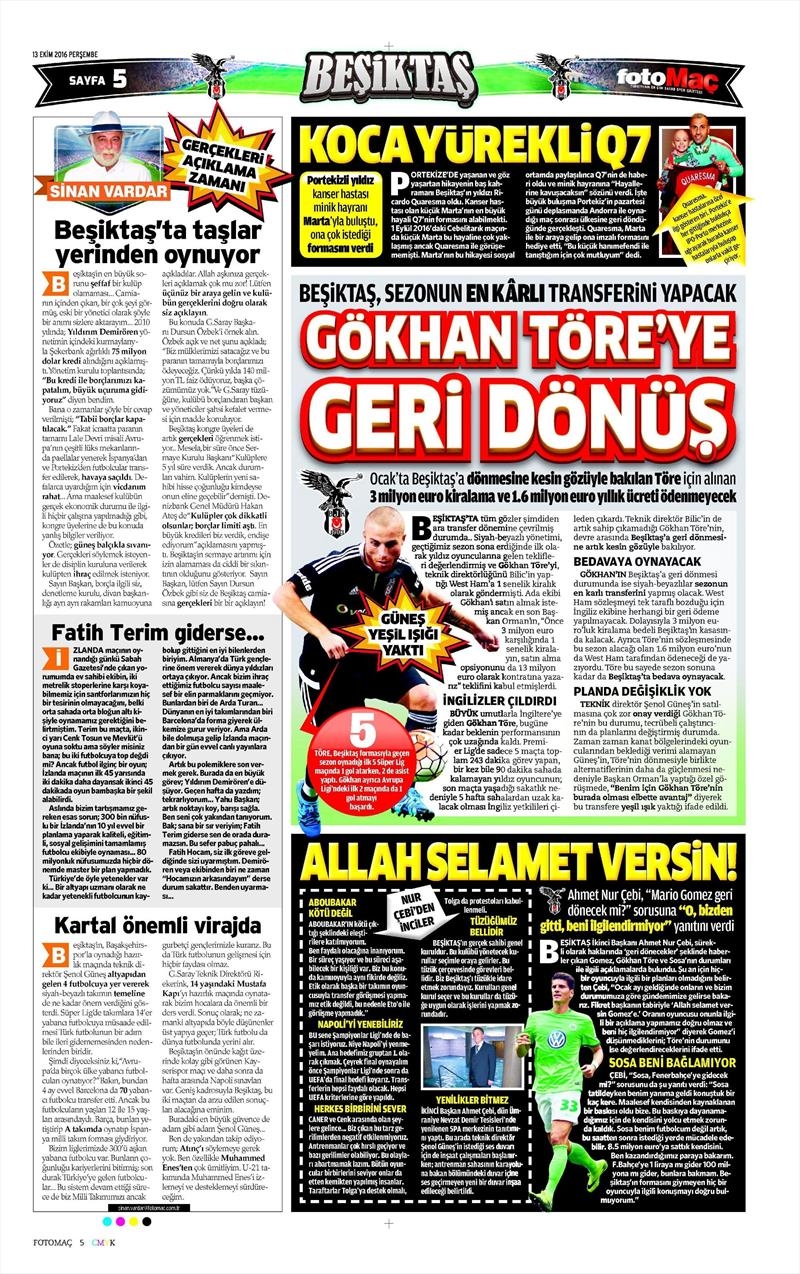 13 Ekim 2016 | Gazetelerin Beşiktaş manşetleri - Görsel 12
