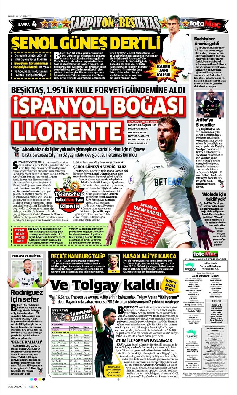 19 Haziran 2017 | Gazetelerin Beşiktaş Manşetleri - Görsel 2