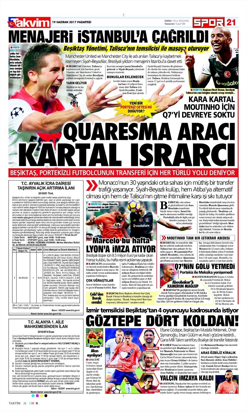 19 Haziran 2017 | Gazetelerin Beşiktaş Manşetleri - Görsel 8