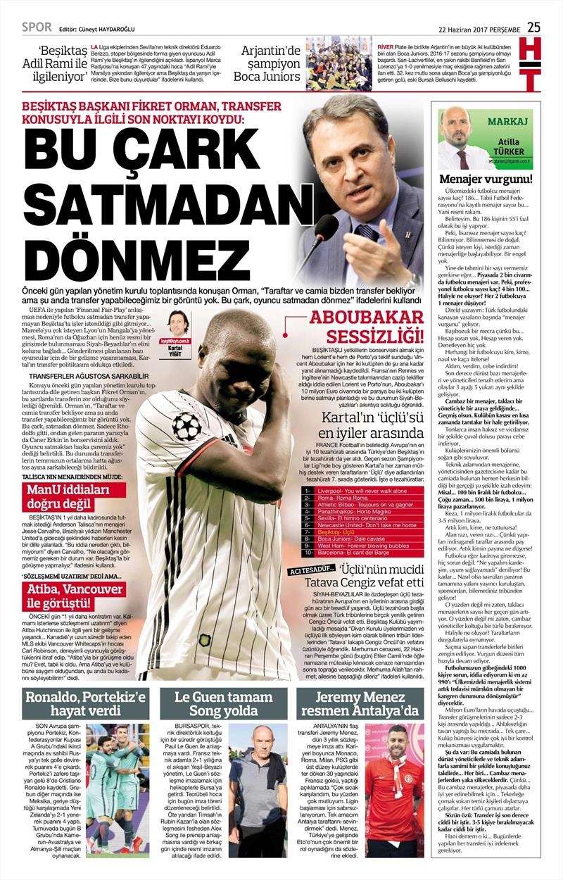 22 Haziran 2017 | Gazetelerin Beşiktaş Manşetleri - Görsel 13