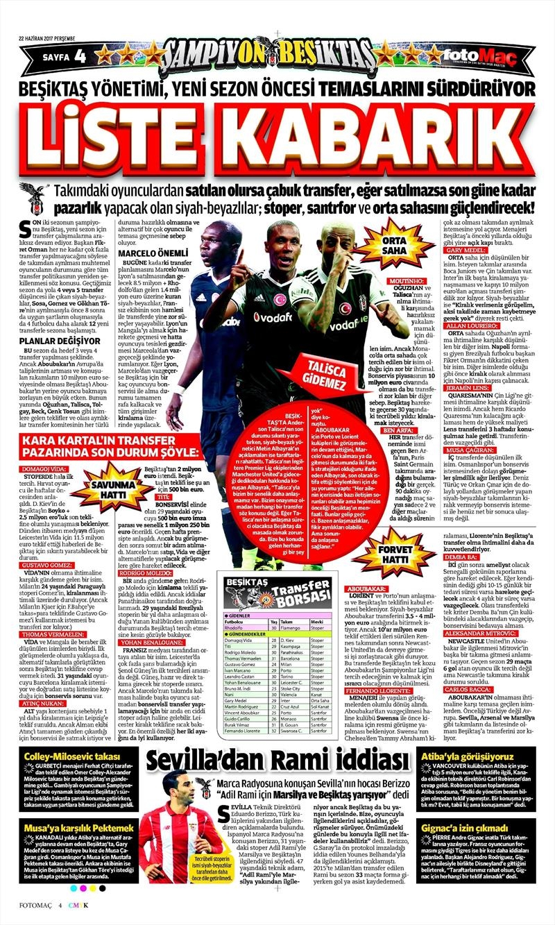 22 Haziran 2017 | Gazetelerin Beşiktaş Manşetleri - Görsel 3
