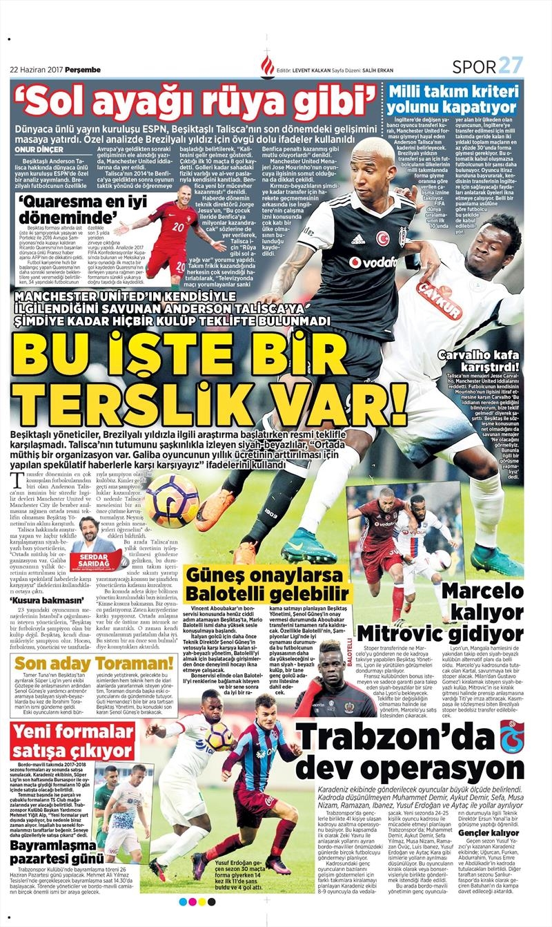 22 Haziran 2017 | Gazetelerin Beşiktaş Manşetleri - Görsel 7