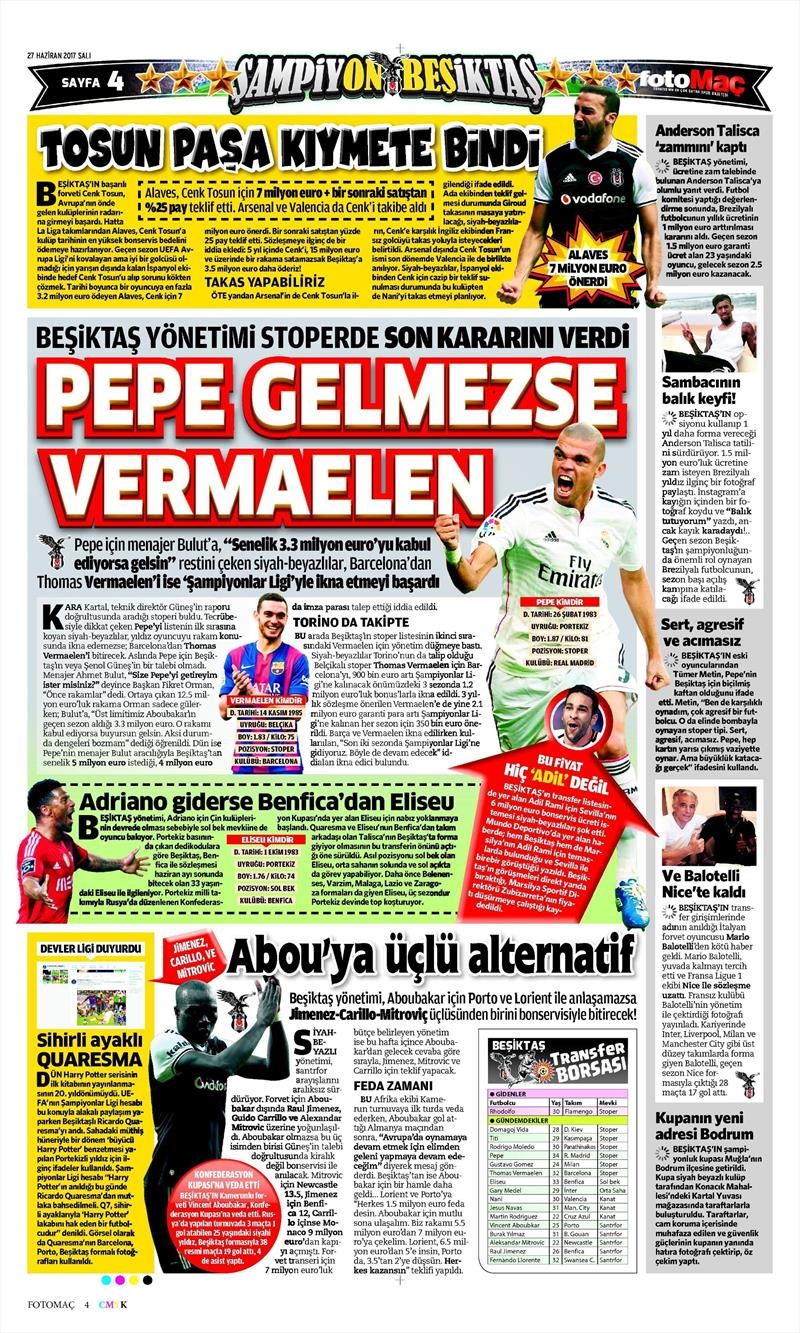 27 Haziran 2017 | İşte gazetelerin Beşiktaş manşetleri - Görsel 8