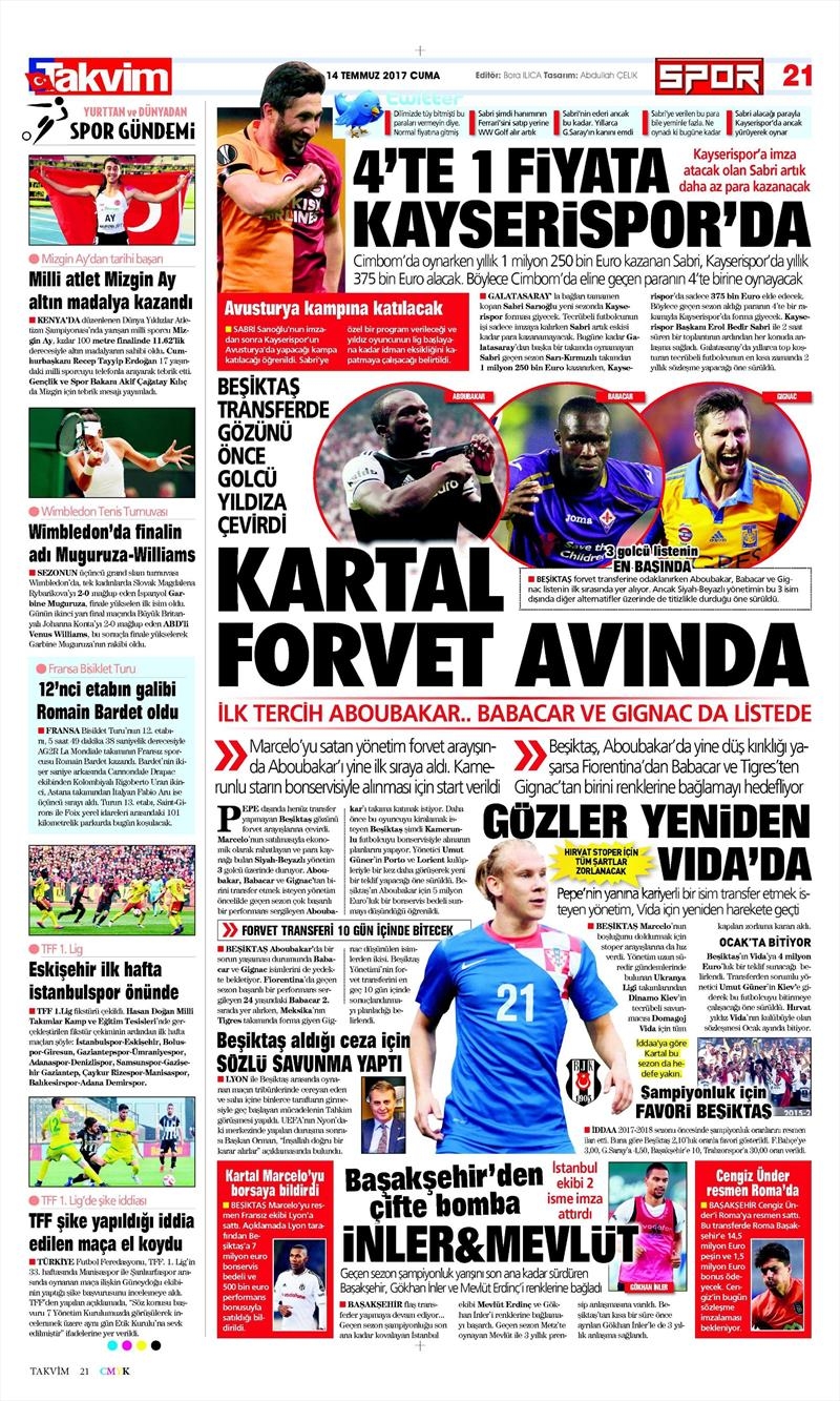 14 Temmuz 2017 | Gazetelerin Beşiktaş Manşetleri - Görsel 12