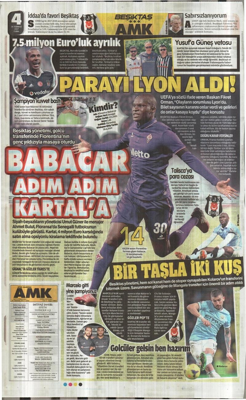 14 Temmuz 2017 | Gazetelerin Beşiktaş Manşetleri - Görsel 3