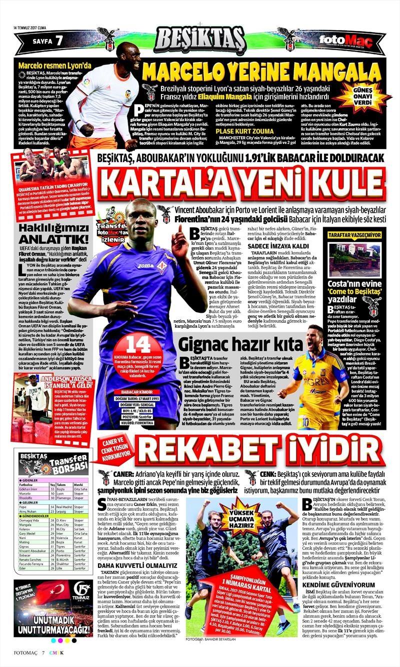 14 Temmuz 2017 | Gazetelerin Beşiktaş Manşetleri - Görsel 6