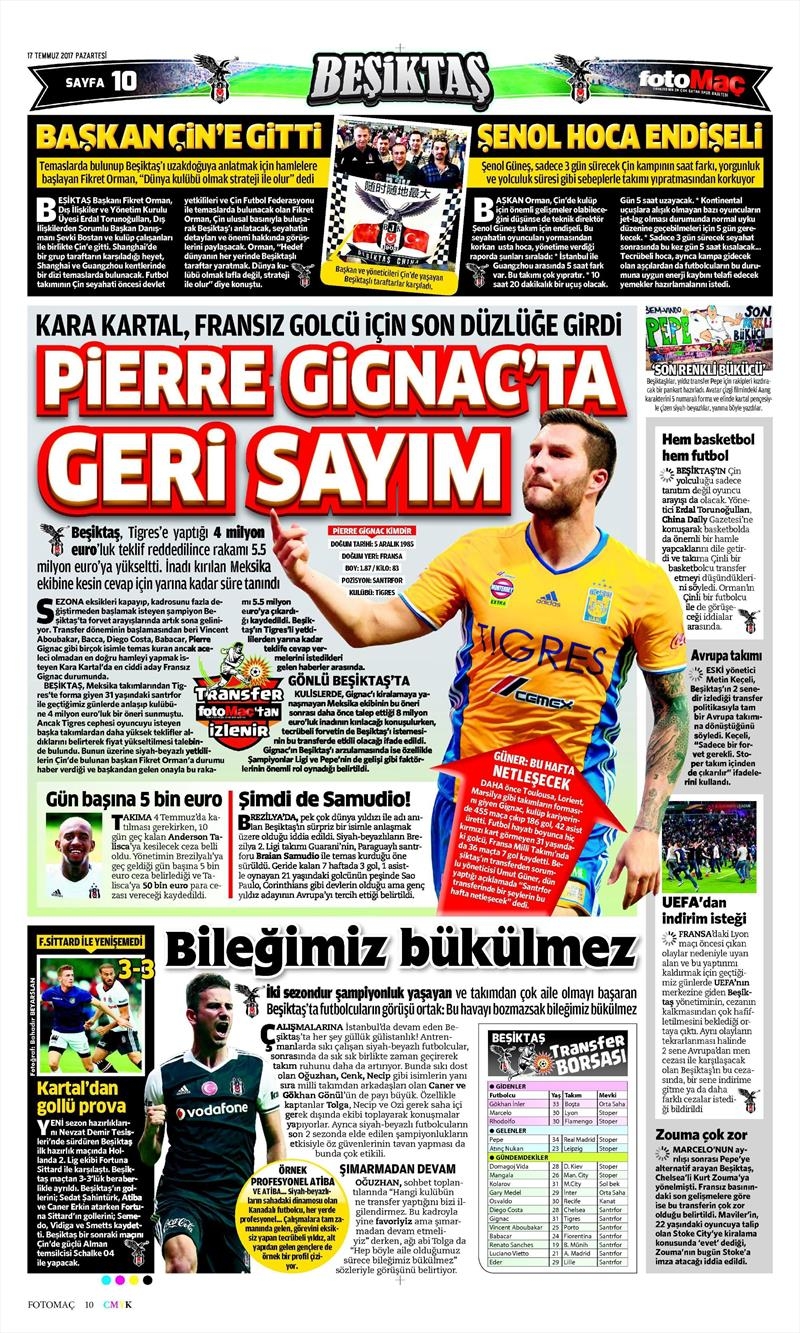 17 Temmuz 2017 | Gazetelerin Beşiktaş Manşetleri - Görsel 7