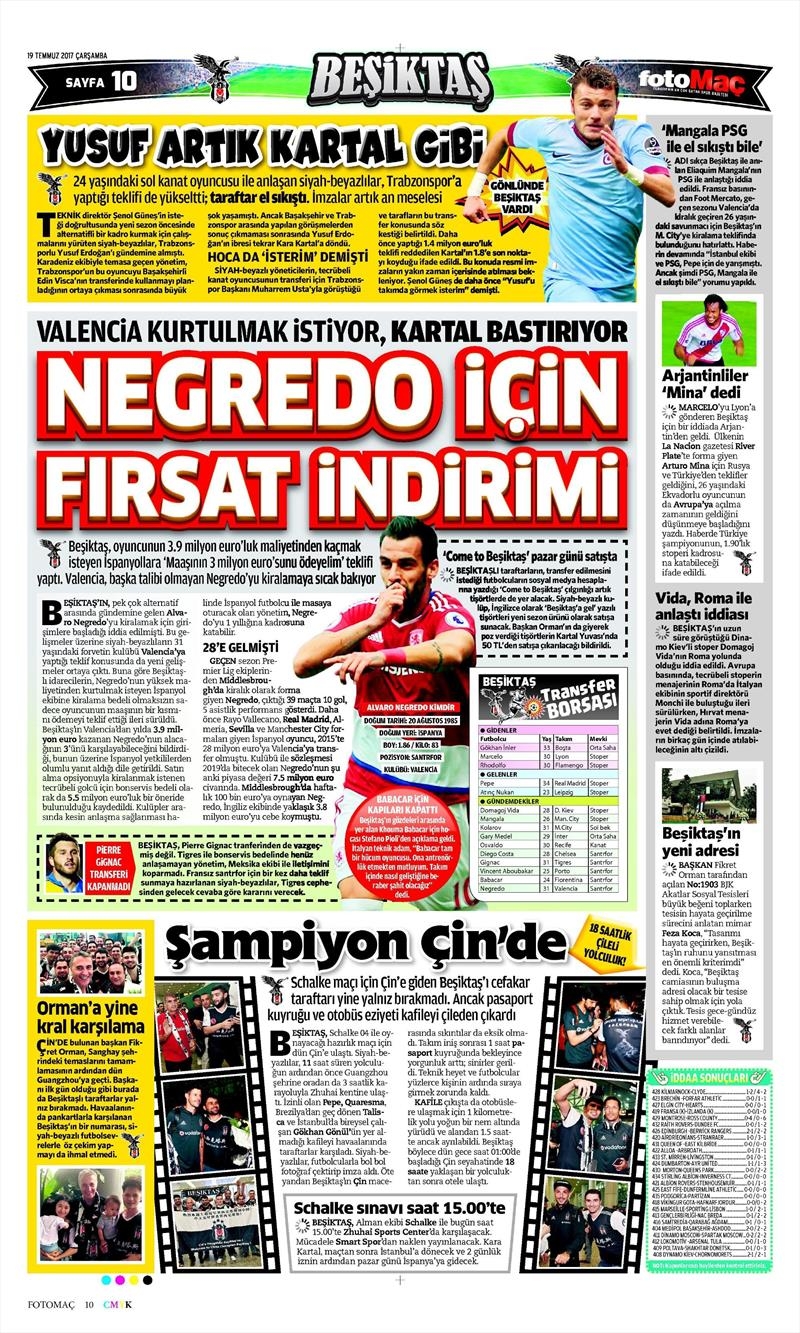 19 Temmuz 2017 | Gazetelerin Beşiktaş Manşetleri - Görsel 3
