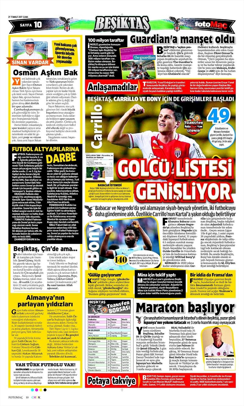 21 Temmuz 2017 | Gazetelerin Beşiktaş Manşetleri - Görsel 2