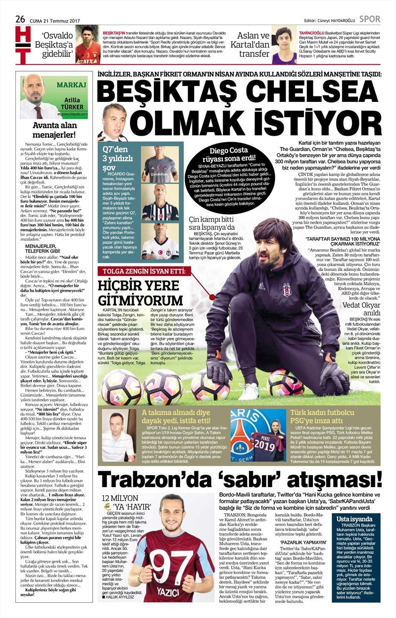 21 Temmuz 2017 | Gazetelerin Beşiktaş Manşetleri - Görsel 5