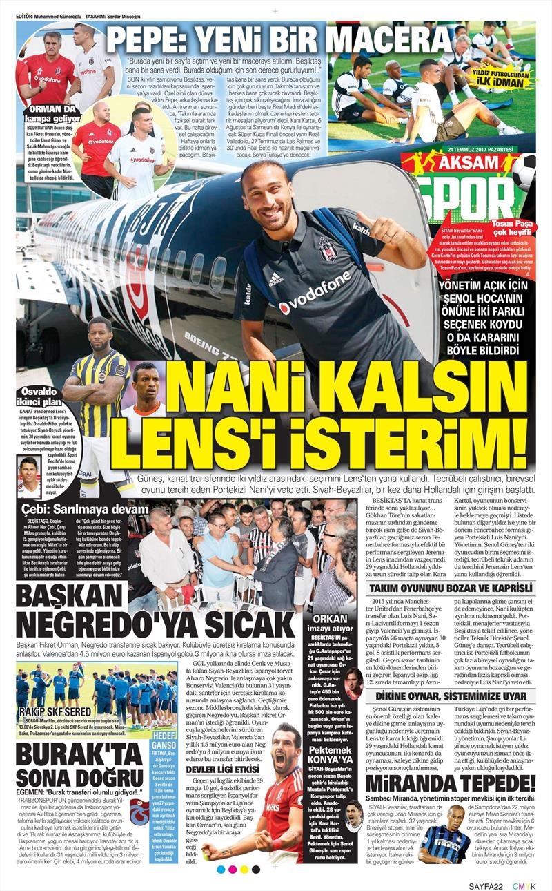24 Temmuz 2017 | İşte gazetelerin Beşiktaş manşetleri - Görsel 1