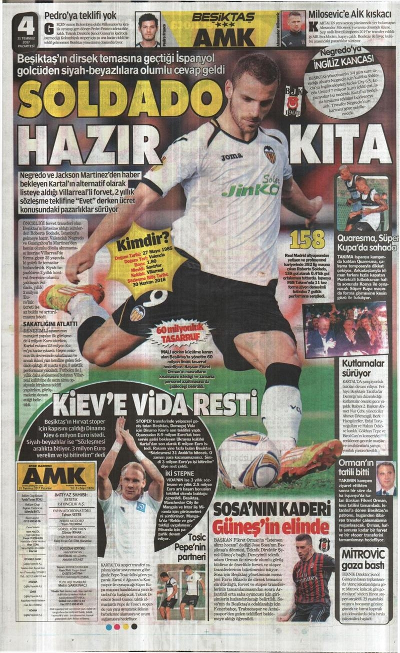 31 Temmuz 2017 | Gazetelerin Beşiktaş Manşetleri - Görsel 3