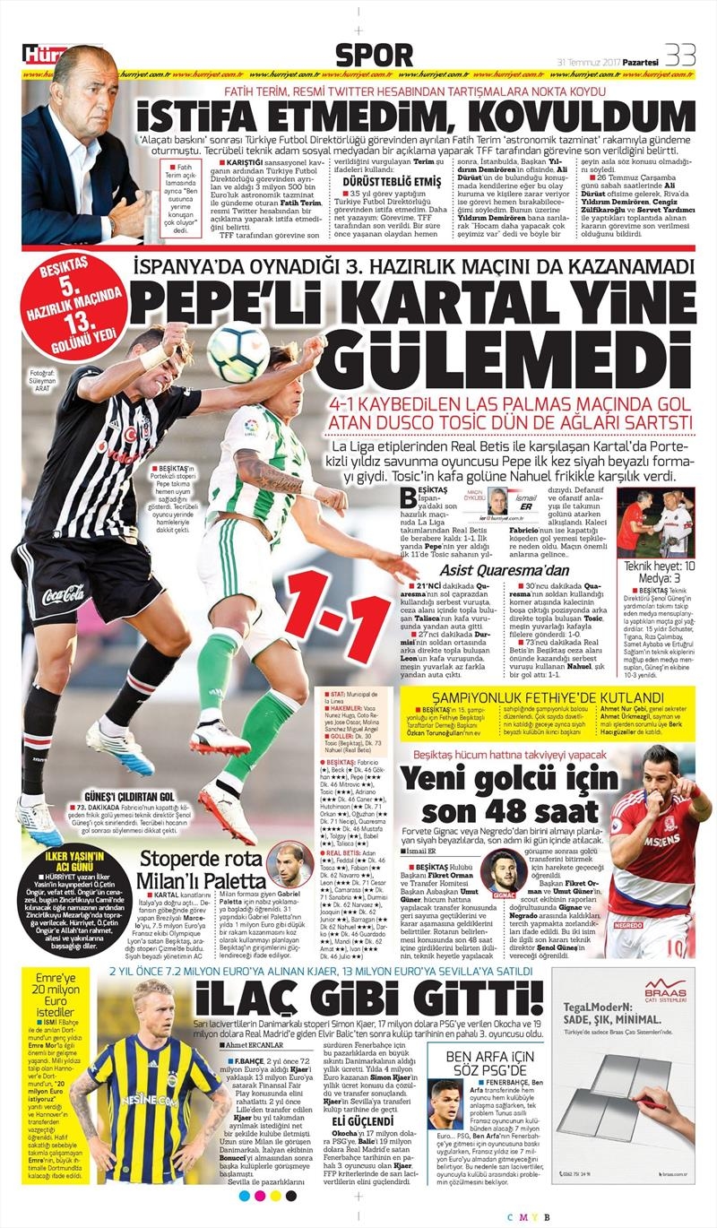 31 Temmuz 2017 | Gazetelerin Beşiktaş Manşetleri - Görsel 9