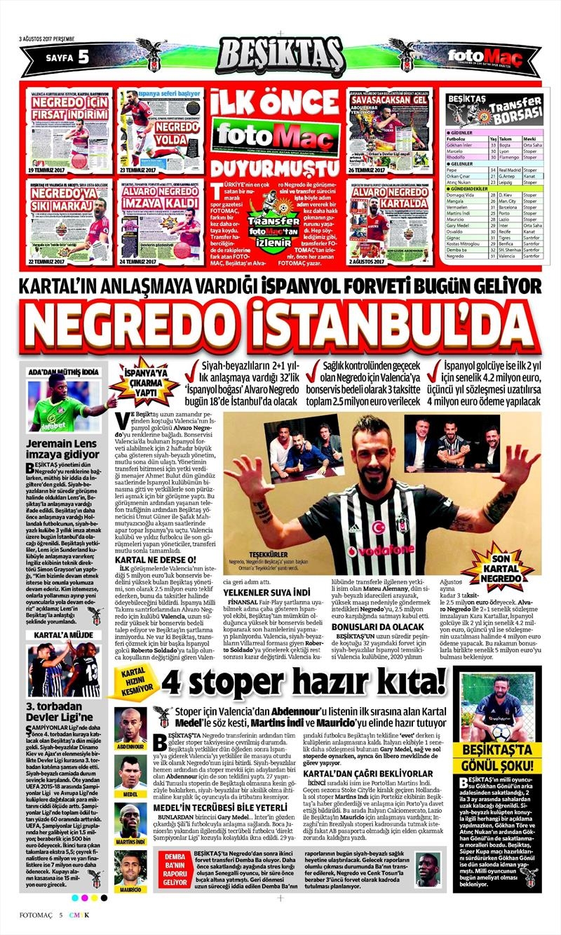 03 Ağustos 2017 | Gazetelerin Beşiktaş Manşetleri - Görsel 6