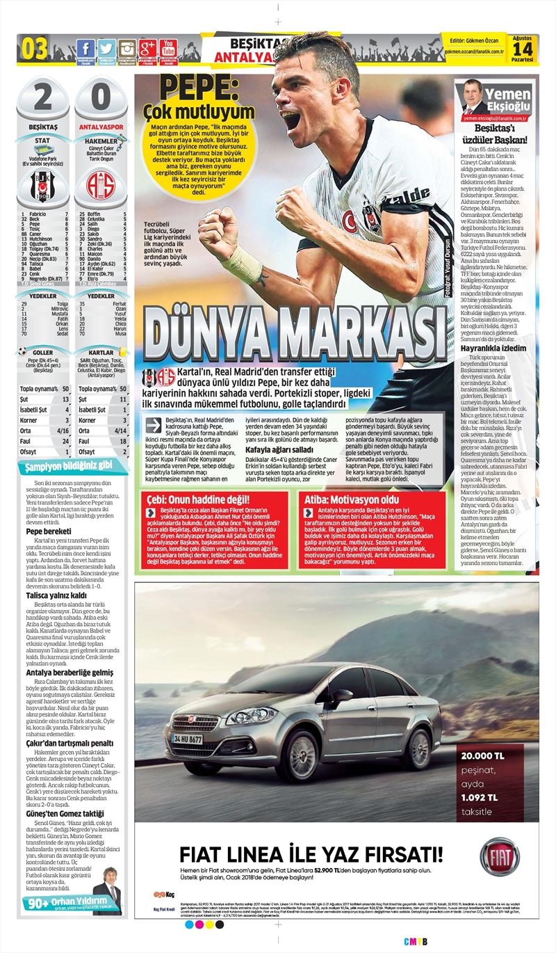 14 Ağustos 2017 | Gazetelerin Beşiktaş Manşetleri - Görsel 8