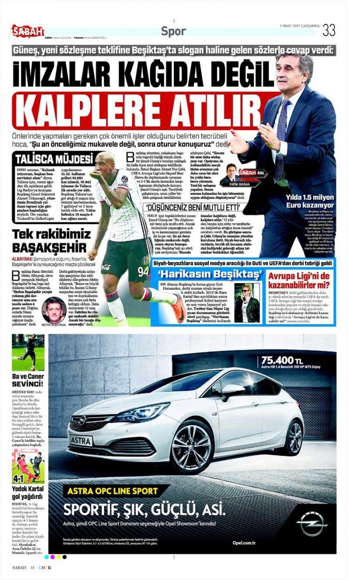 1 Mart 2017 | İşte gazetelerin Beşiktaş manşetleri - Görsel 1