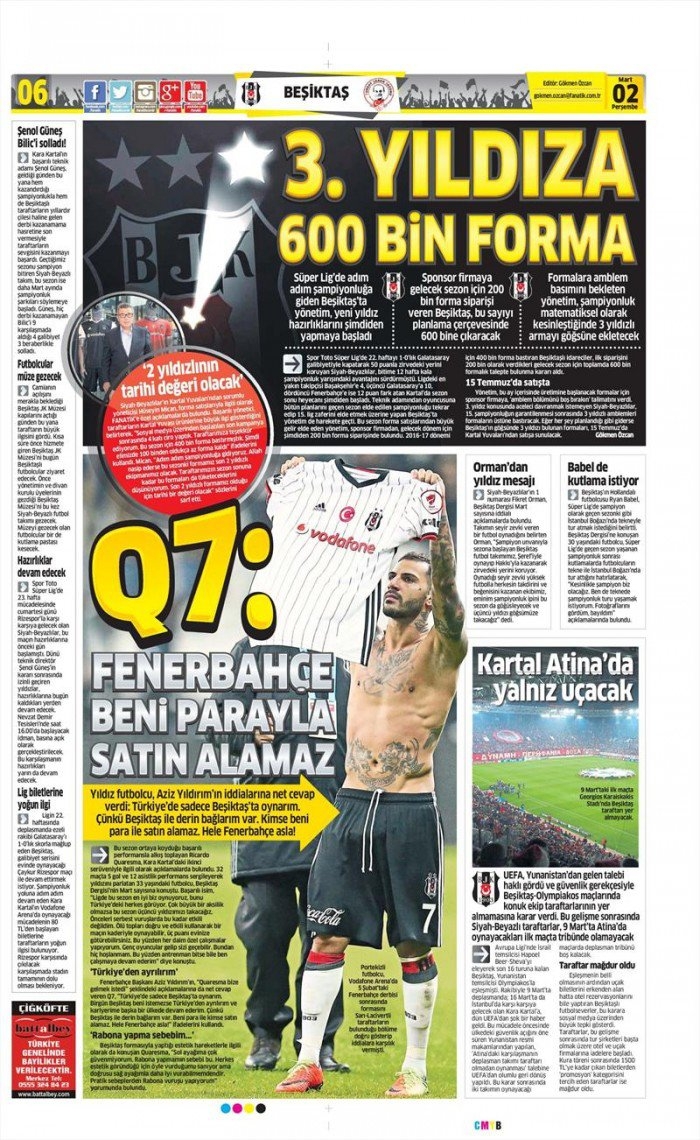 2 Mart 2017 | İşte gazetelerin Beşiktaş manşetleri - Görsel 1